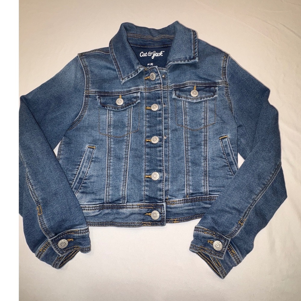 Cat & Jack Kids Medium Wash Denim Trucker Jacket Size M 8 Blue Stretch Jean Coat
